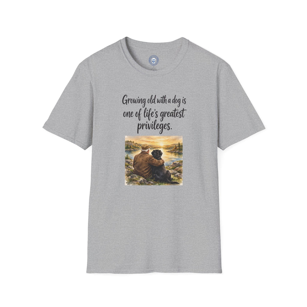 Growing Old with a Dog T-Shirt in light gray cotton with black script and a sunset illustration of a person sitting with a dog