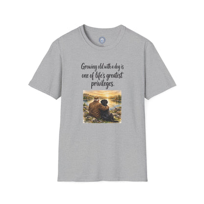Growing Old with a Dog T-Shirt in light gray cotton with black script and a sunset illustration of a person sitting with a dog