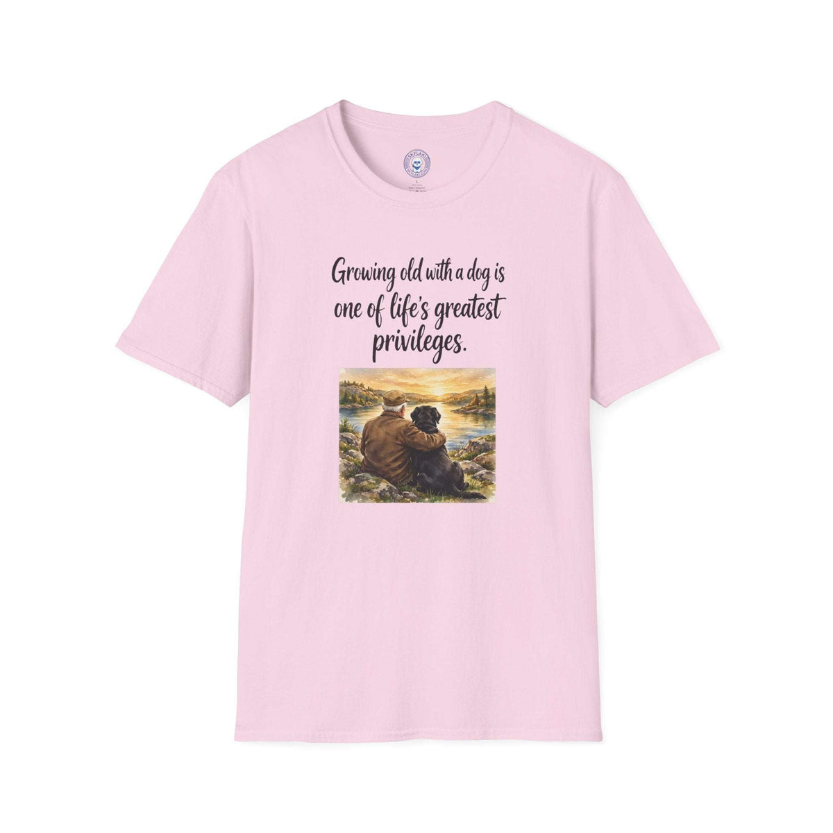 Growing Old with a Dog T-Shirt in light pink, featuring black lettering and a colorful sunset illustration of a person with a dog