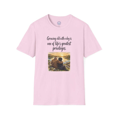 Growing Old with a Dog T-Shirt in light pink, featuring black lettering and a colorful sunset illustration of a person with a dog