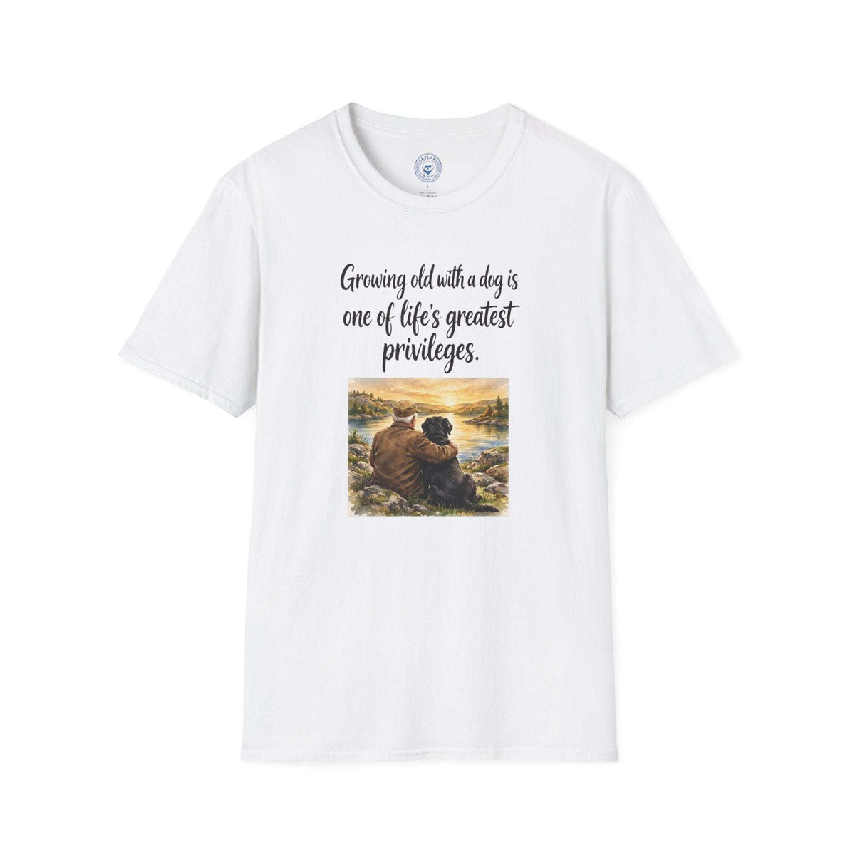 Growing Old with a Dog T-Shirt in white cotton with a crew neck, featuring a heartfelt phrase and sunset artwork of a person with a dog