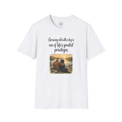Growing Old with a Dog T-Shirt in white cotton with a crew neck, featuring a heartfelt phrase and sunset artwork of a person with a dog