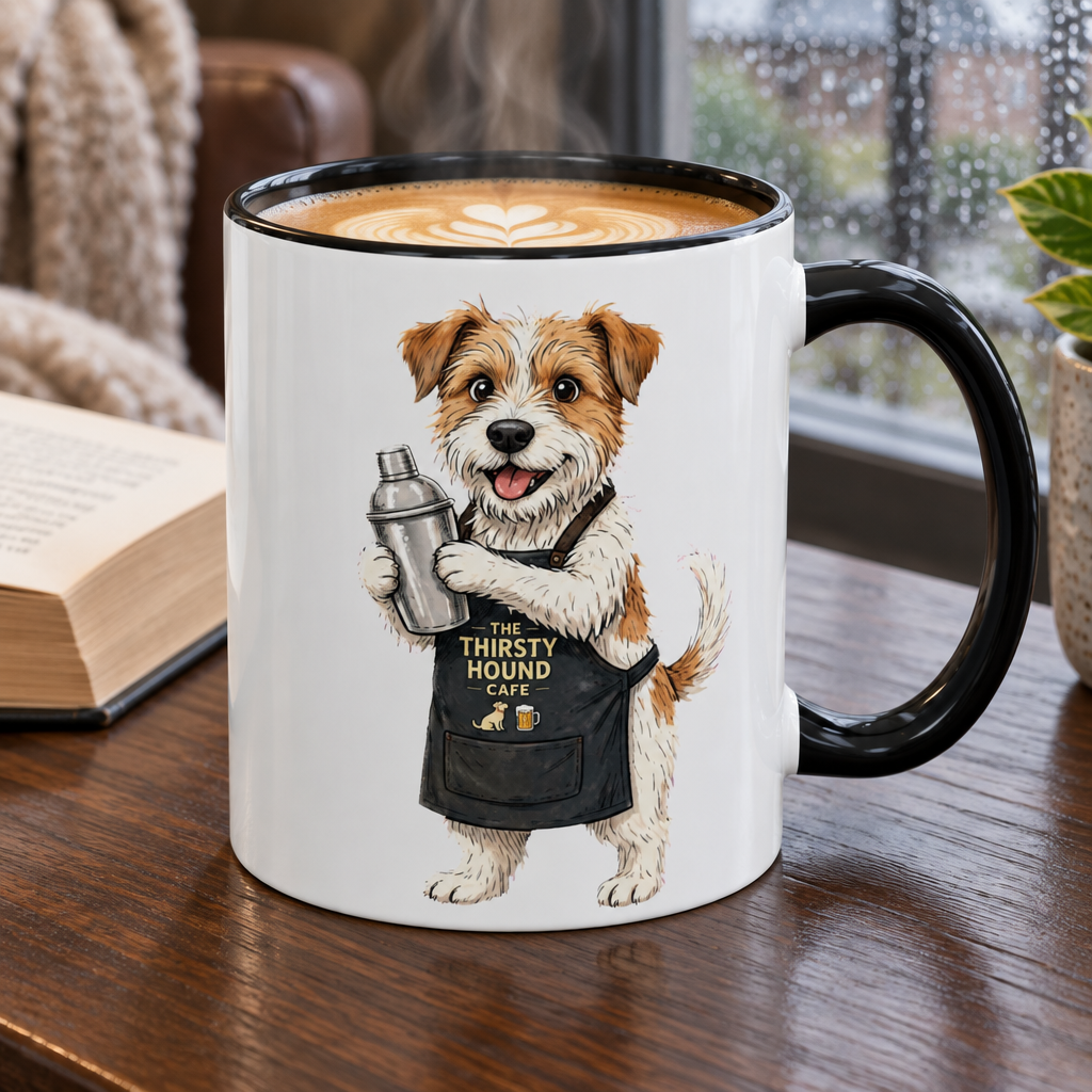 Jack Russell Barista Dog ceramic coffee mug in white with a black handle, featuring an apron-wearing dog holding a shaker