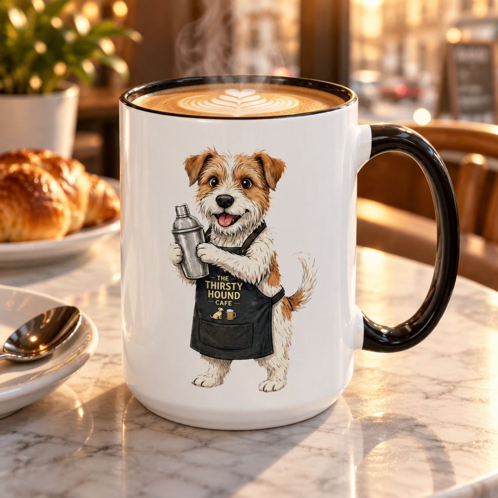 Jack Russell Barista Dog ceramic coffee mug with white glossy body, black handle and apron-wearing dog holding a shaker