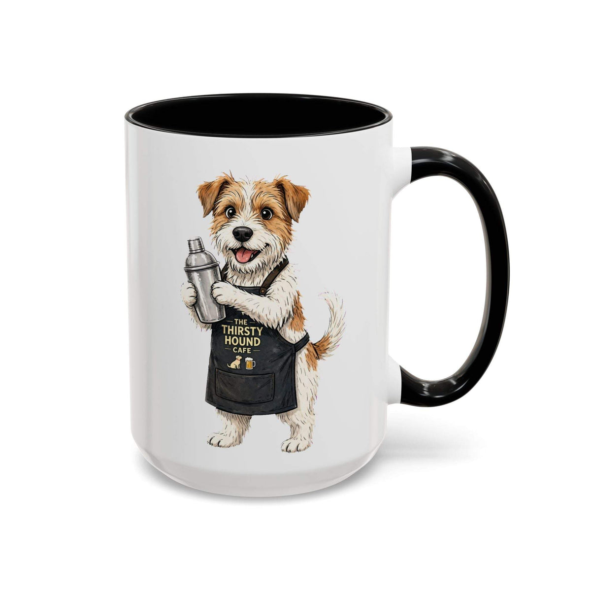 Ceramic Jack Russell Barista Dog mug with a white exterior, black handle and interior, and apron-wearing dog print