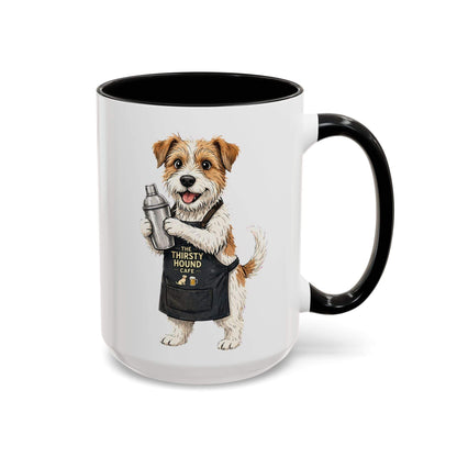 Ceramic Jack Russell Barista Dog mug with a white exterior, black handle and interior, and apron-wearing dog print