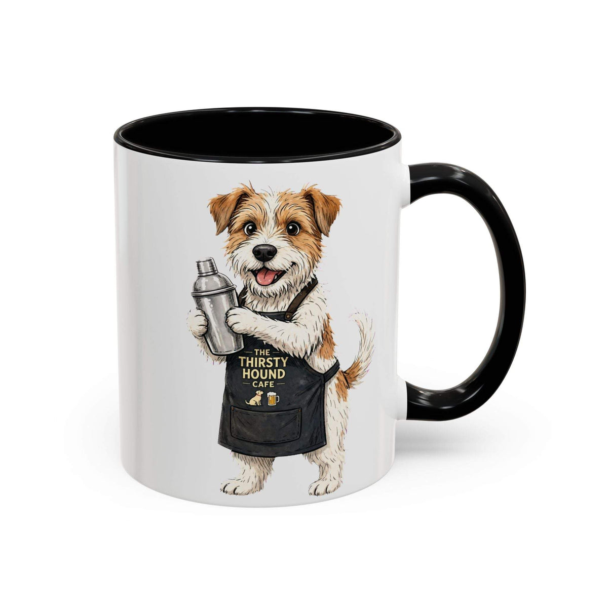 Jack Russell Barista Dog mug, white ceramic with a black handle and interior, showing an apron-wearing dog holding a shaker