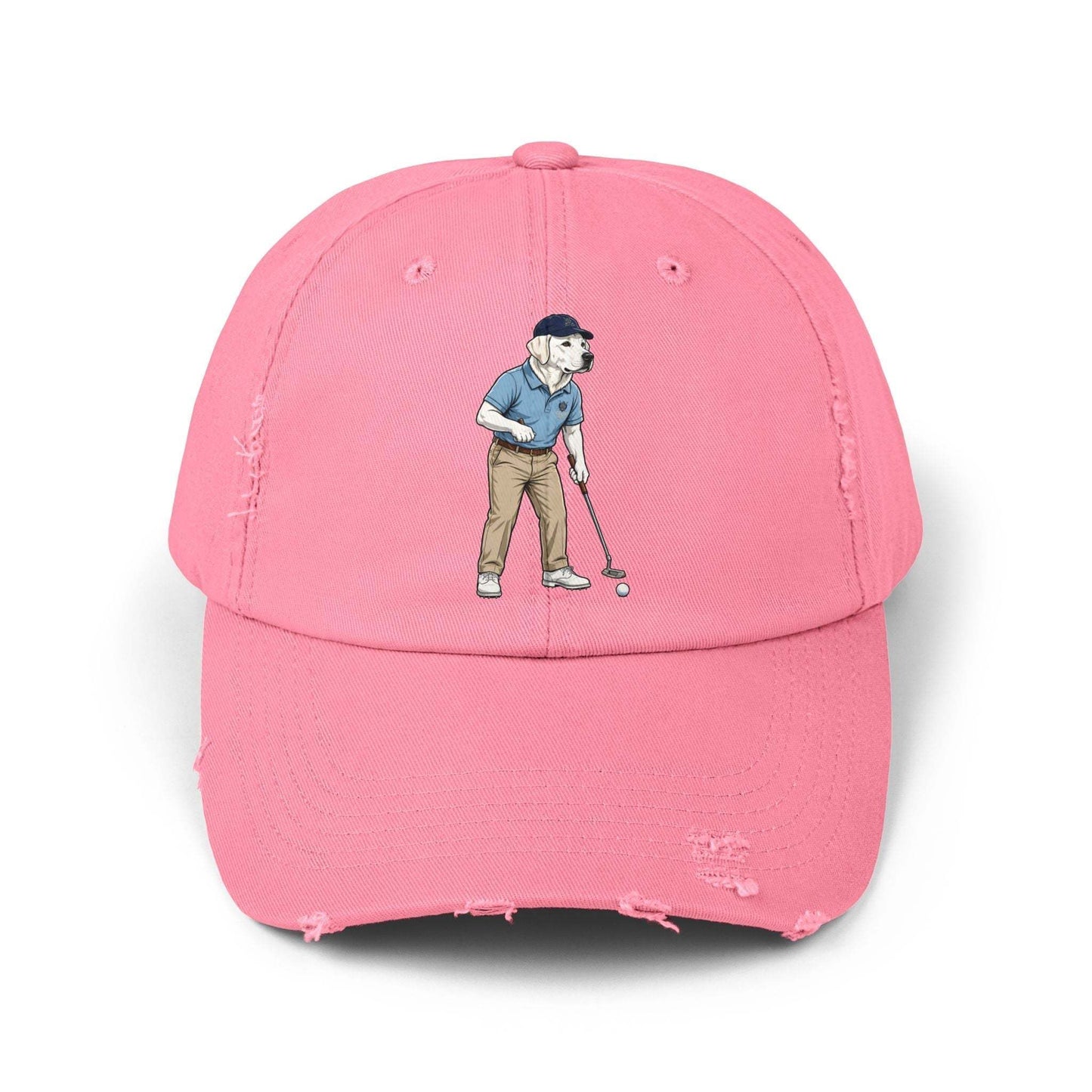 Labrador Golf Dad Hat in distressed cotton twill with embroidered golfer design