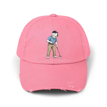 Labrador Golf Dad Hat in distressed cotton twill with embroidered golfer design