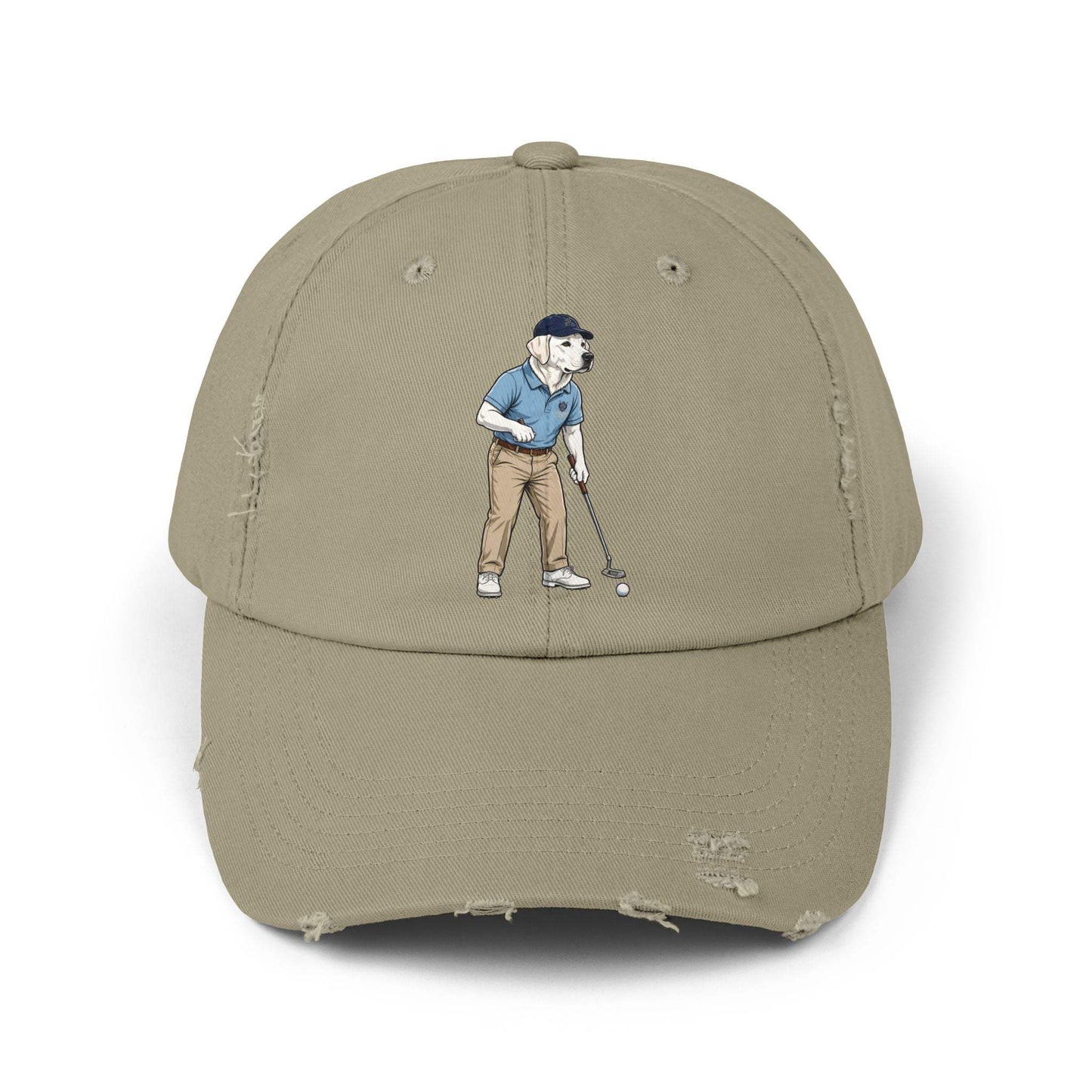 Labrador Golf Dad Hat by Skylaki with curved visor and golfer design