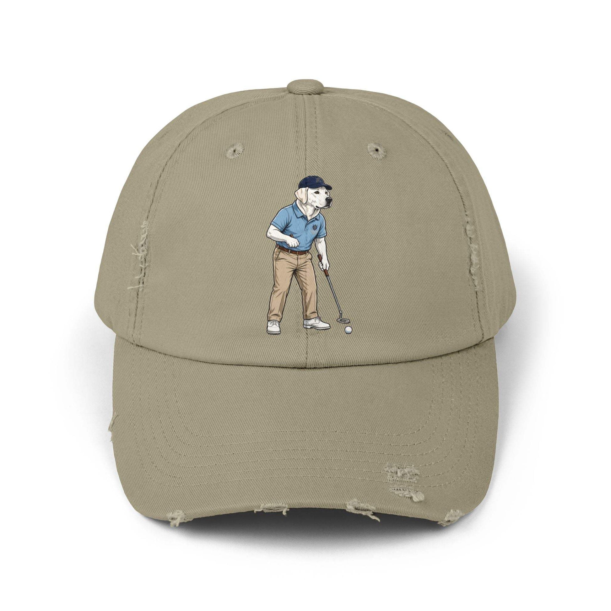 Labrador Golf Dad Hat by Skylaki with curved visor and golfer design