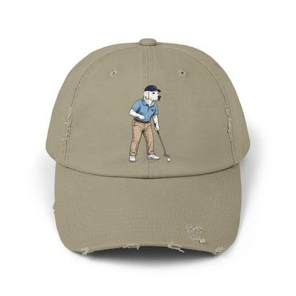 Labrador Golf Dad Hat by Skylaki with curved visor and golfer design