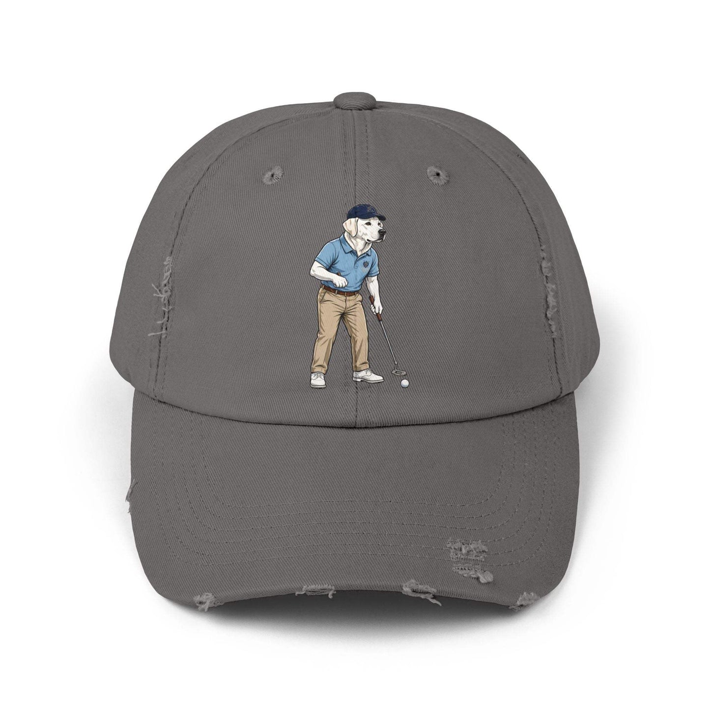 Labrador Golf Dad Hat by Skylaki in vintage distressed cotton twill with golfer design