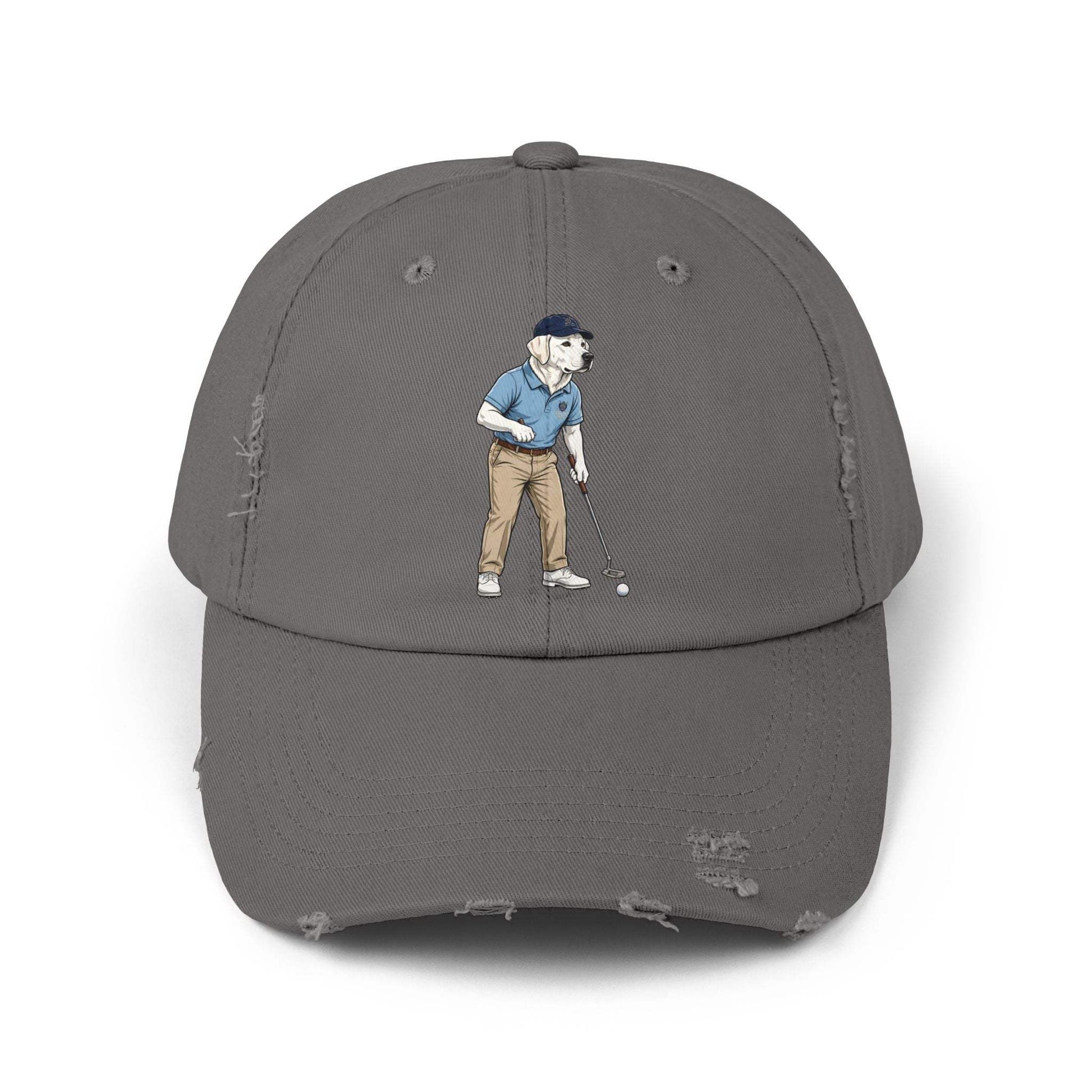 Labrador Golf Dad Hat by Skylaki in vintage distressed cotton twill with golfer design
