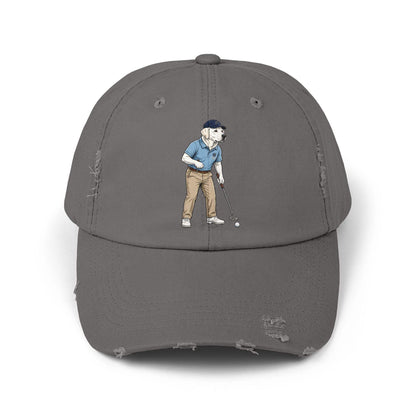 Labrador Golf Dad Hat by Skylaki in vintage distressed cotton twill with golfer design
