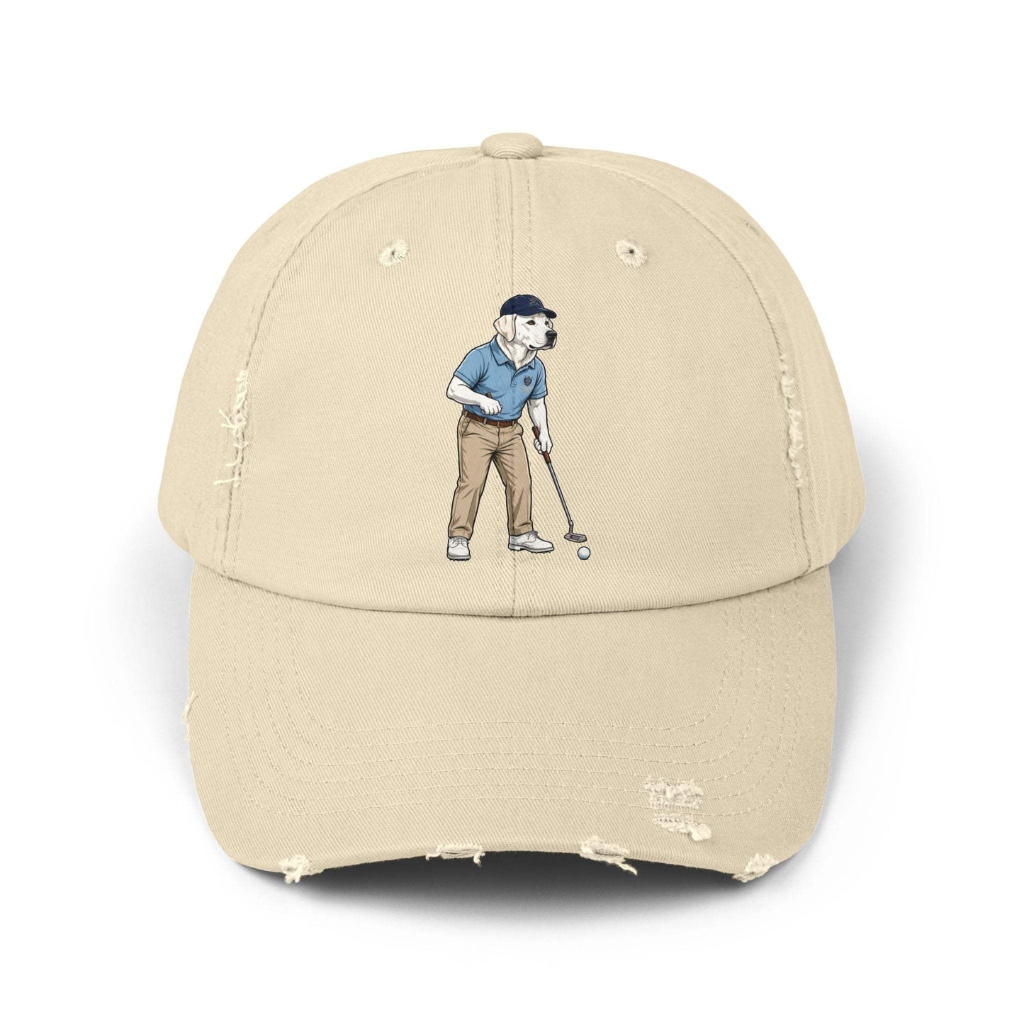 Labrador Golf Dad Hat in vintage distressed cotton twill with golfer illustration