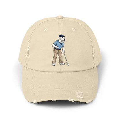 Labrador Golf Dad Hat in vintage distressed cotton twill with golfer illustration