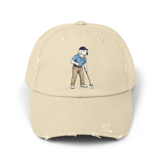 Labrador Golf Dad Hat in vintage distressed cotton twill with golfer illustration