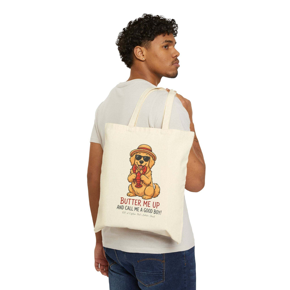 Lobster Dog canvas tote bag with durable 100% cotton fabric and vibrant design
