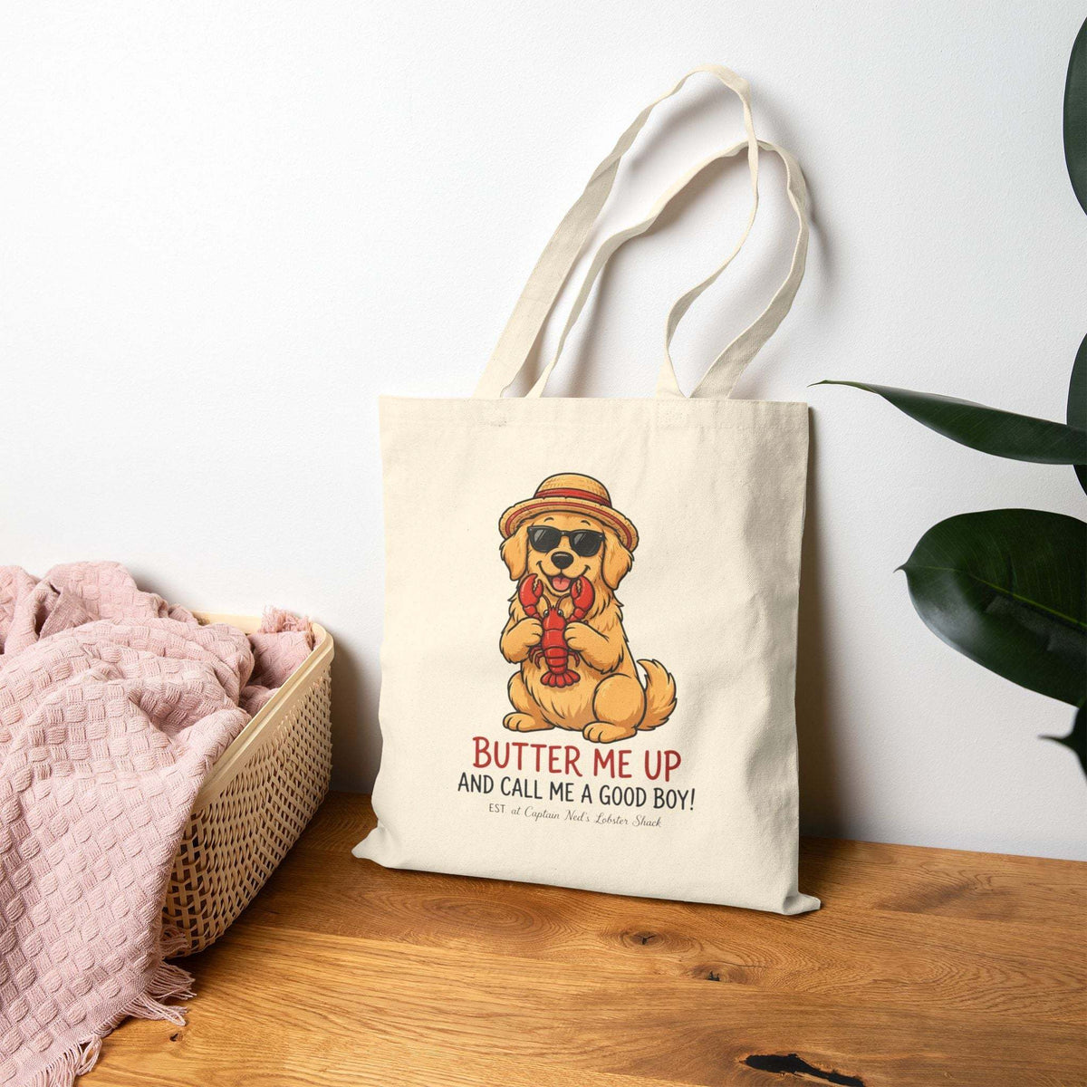 Lobster Dog canvas tote bag in natural cotton with long handles