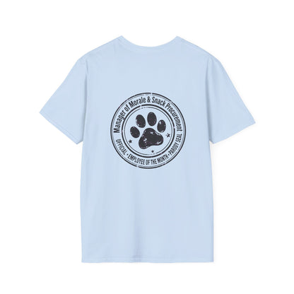 Manager of Morale and Snack procurement lightweight cotton t-shirt with dog emblem
