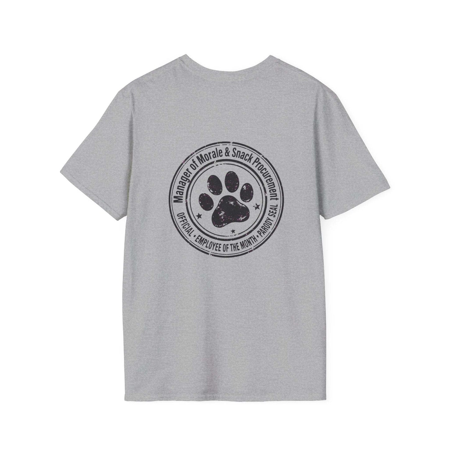 Manager of Morale and Snack procurement lightweight cotton t-shirt with dog emblem