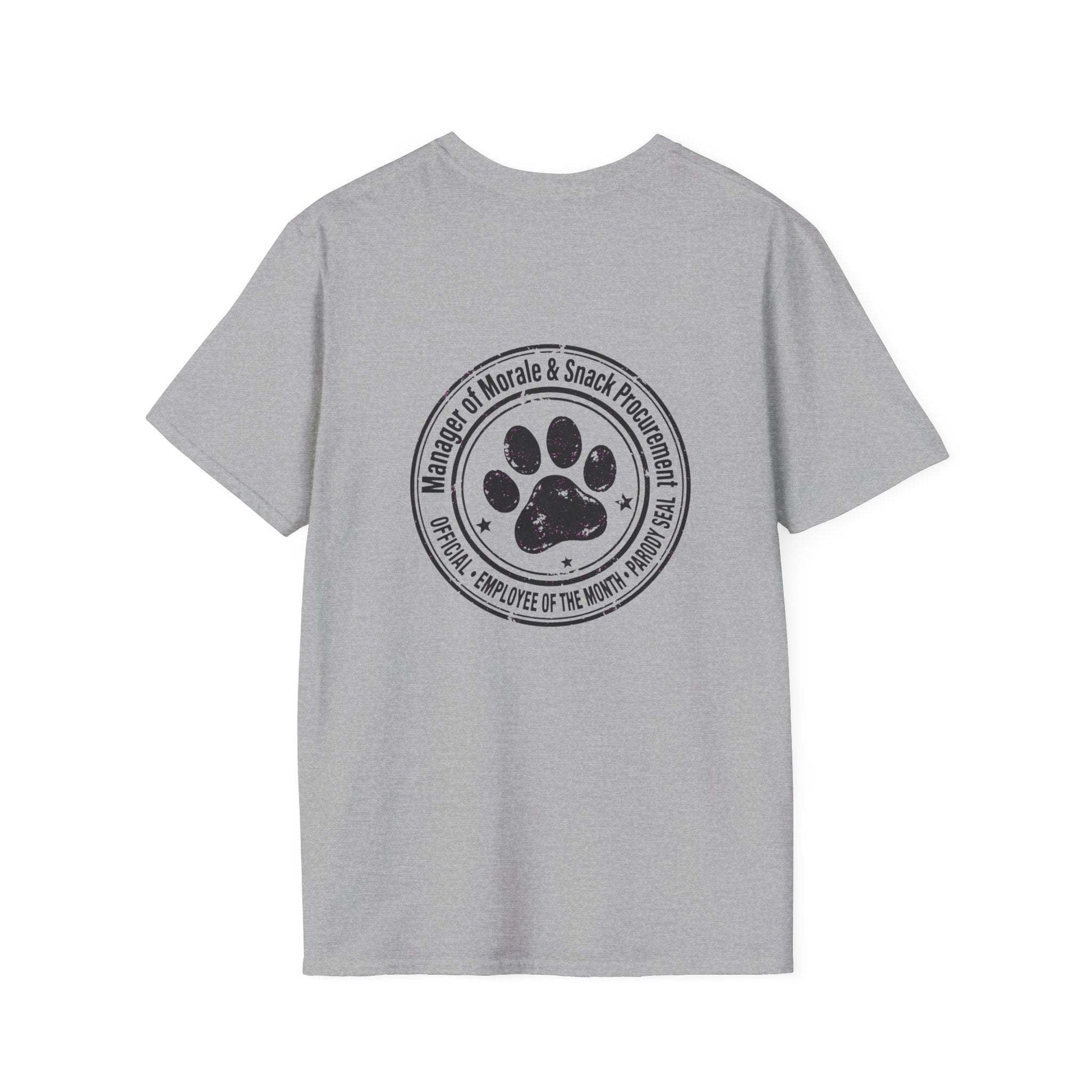 Manager of Morale and Snack procurement lightweight cotton t-shirt with dog emblem