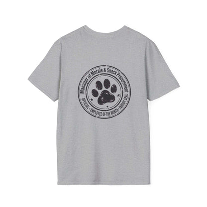 Manager of Morale and Snack procurement lightweight cotton t-shirt with dog emblem