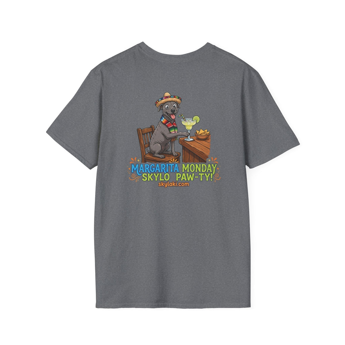 Margarita Monday Dog Shirt in charcoal gray with a short-sleeve crew neck and colorful cartoon dog margarita graphic