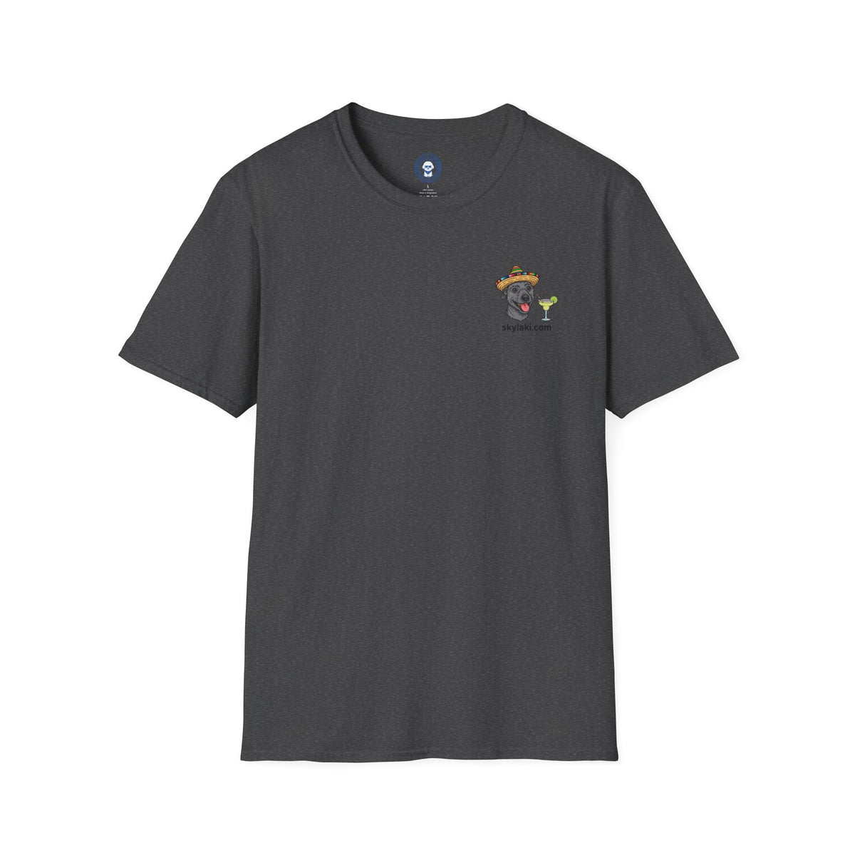 Margarita Monday Dog Shirt in charcoal gray cotton, with a small colorful dog and margarita glass chest graphic