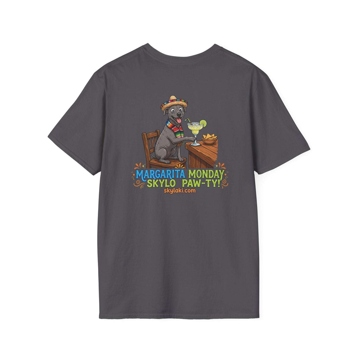 Margarita Monday Dog Shirt in charcoal gray cotton with a colorful sombrero-wearing dog and margarita graphic