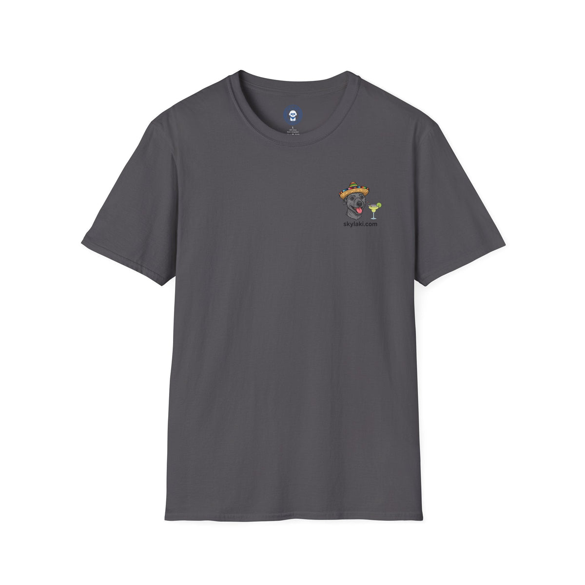Margarita Monday Dog Shirt in charcoal gray cotton with a small colorful dog and margarita glass chest graphic