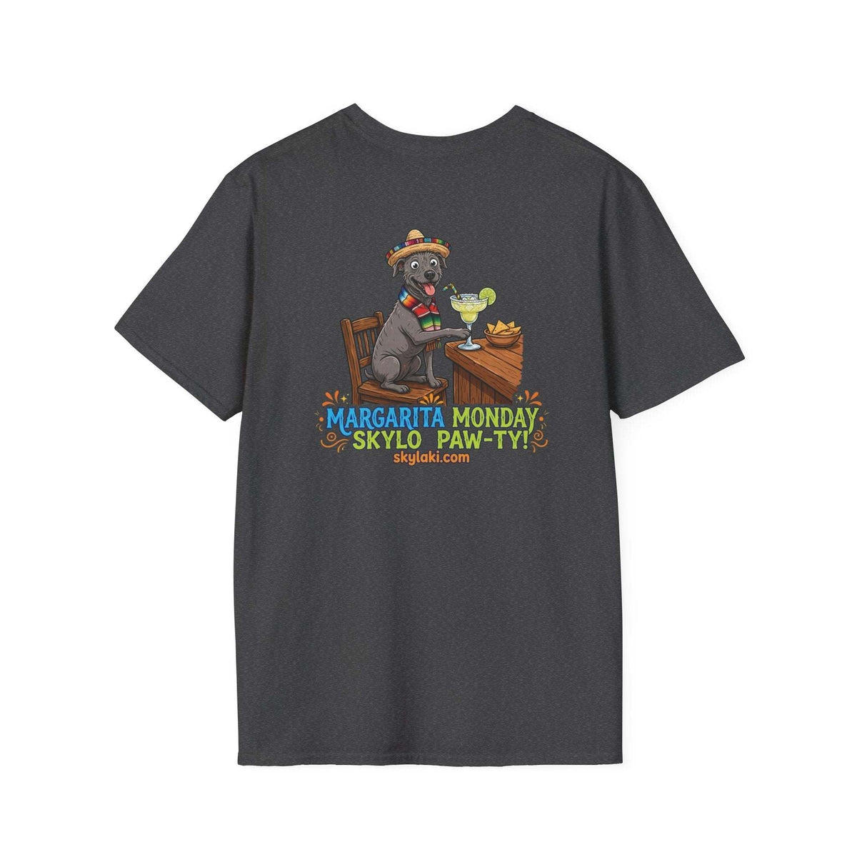 Margarita Monday Dog Shirt in charcoal gray cotton, featuring a colorful sombrero-wearing dog beside a margarita glass