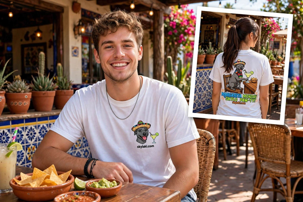 Margarita Monday Dog Shirt in white cotton with a small colorful cartoon dog graphic on the chest and a large back print