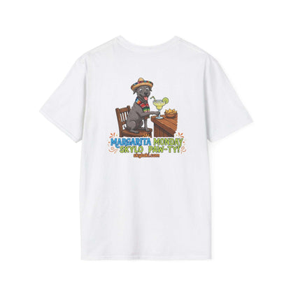 Margarita Monday Dog Shirt in white cotton with a colorful graphic of a sombrero-wearing dog beside a margarita