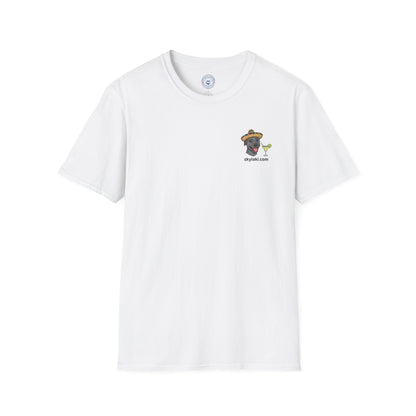 Margarita Monday Dog Shirt in white cotton with a small illustrated dog wearing a hat beside a margarita