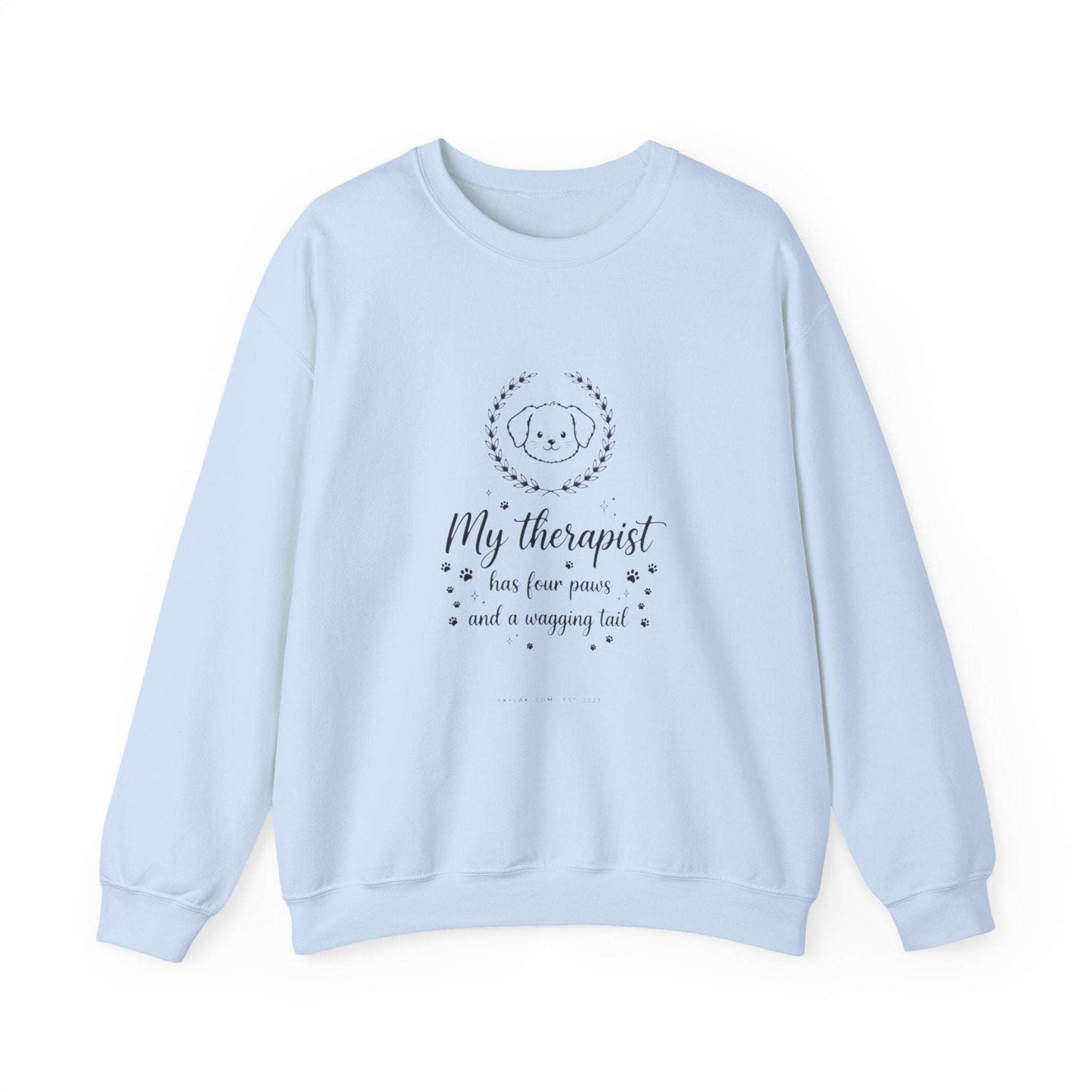 unisex off-white sweatshirt with dog embroidery and my therapist has four paws text