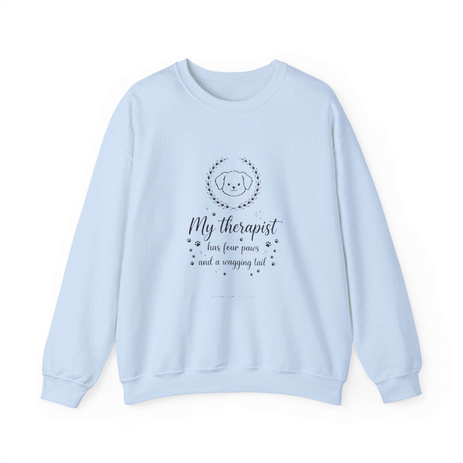 unisex off-white sweatshirt with dog embroidery and my therapist has four paws text