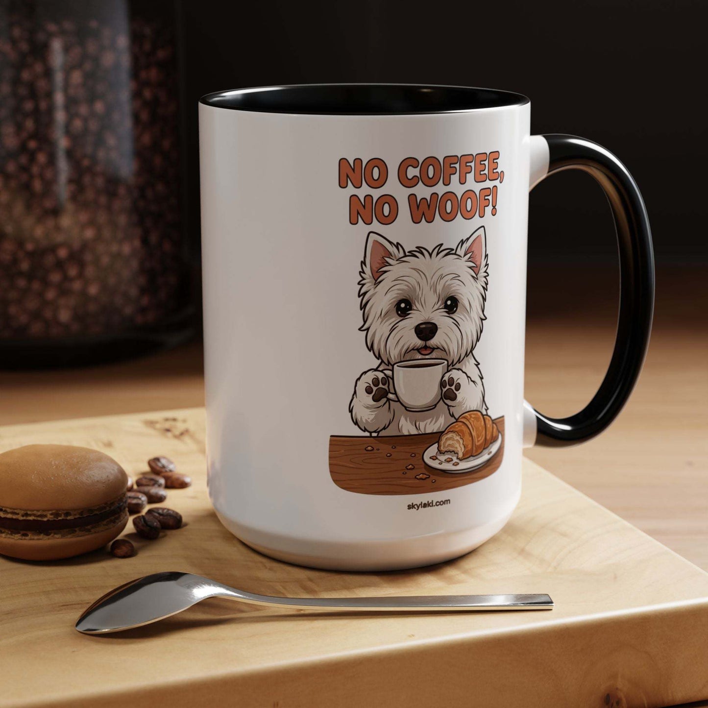No coffee no woof dog mug with funny Westie design