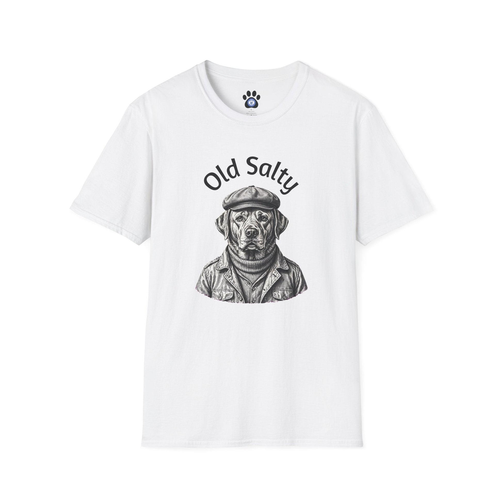 Unisex Old Salty Dog shirt with monochrome fisherman dog sketch