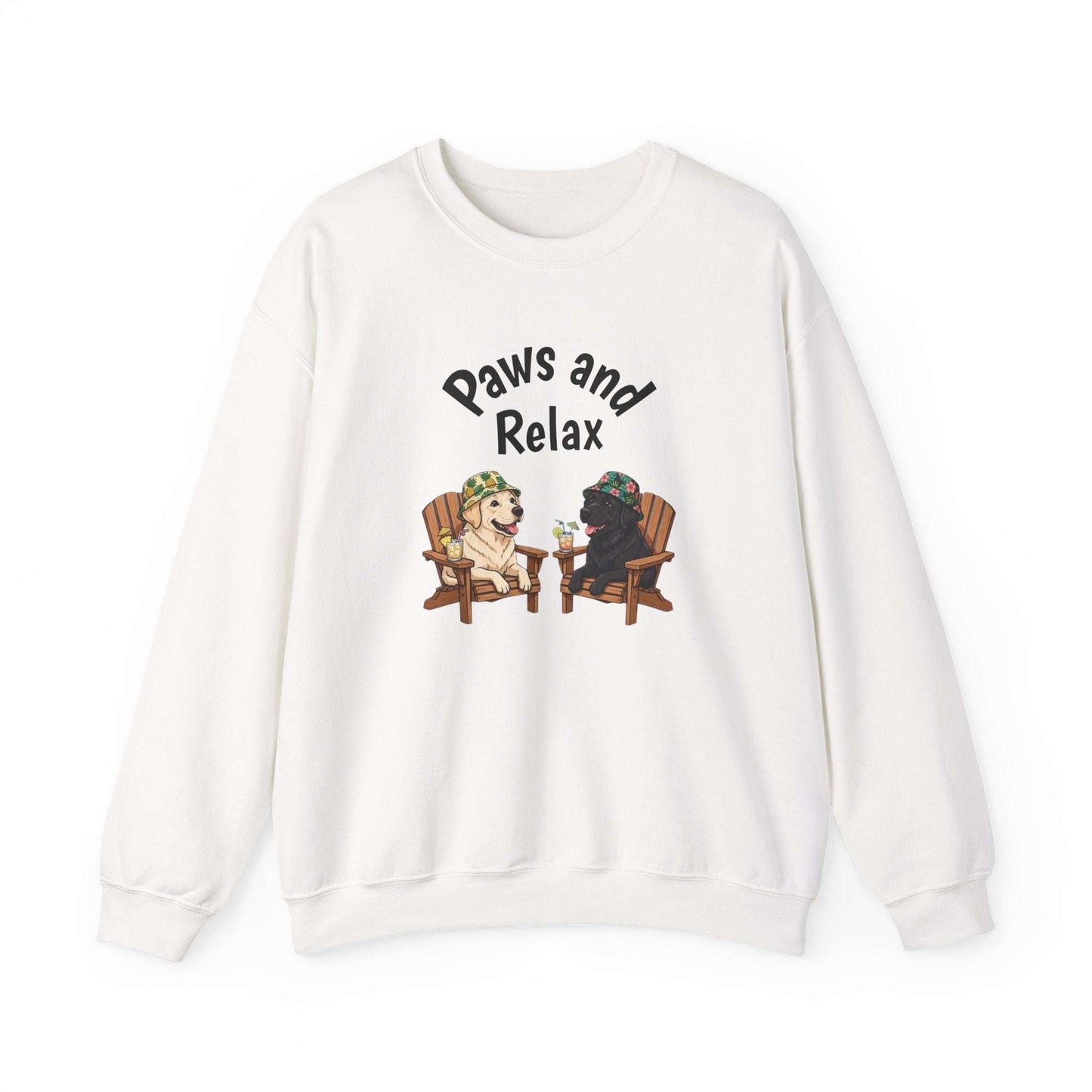 Unisex black and white Paws and Relax dog sweatshirt with lounging dogs illustration