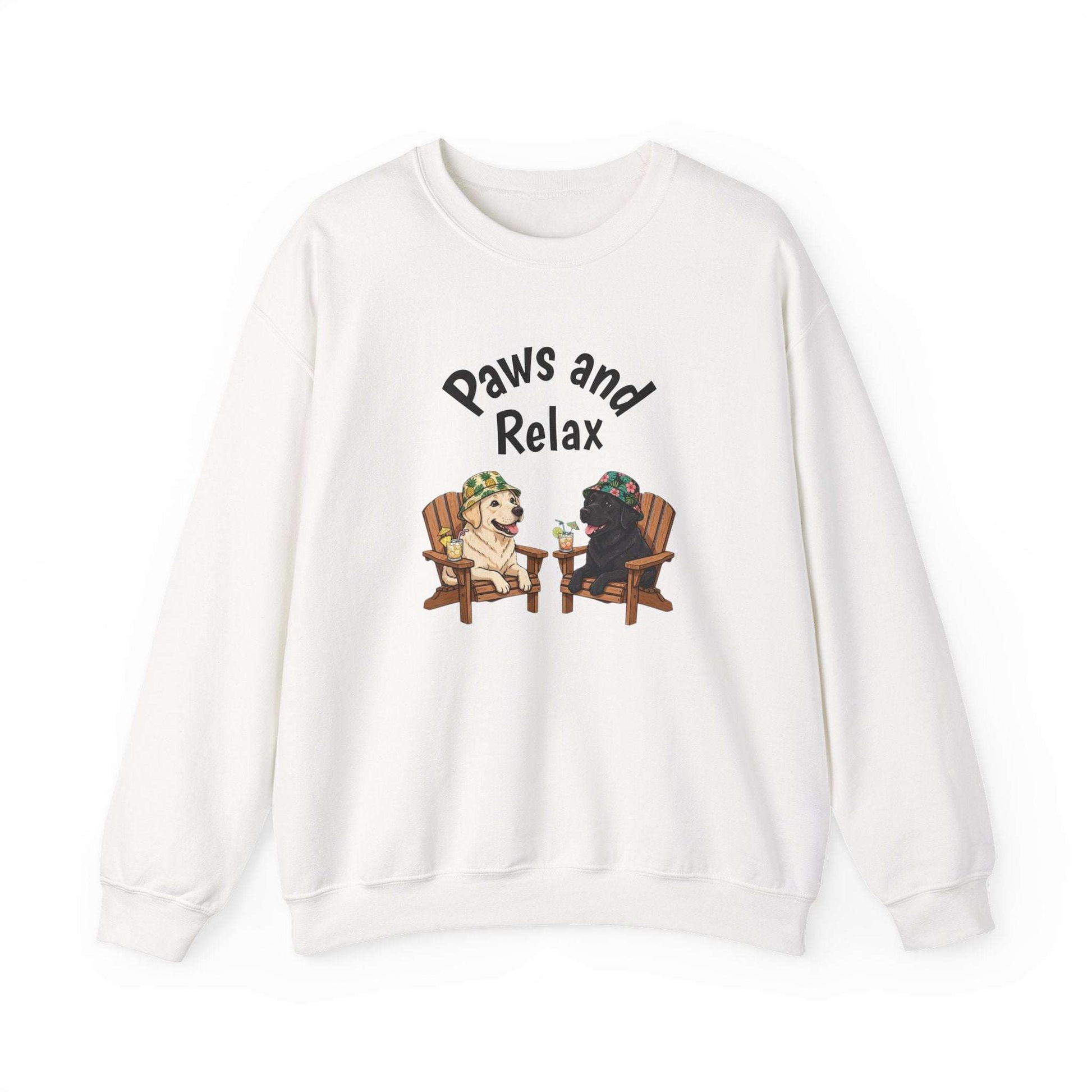 Unisex black and white Paws and Relax dog sweatshirt with lounging dogs illustration