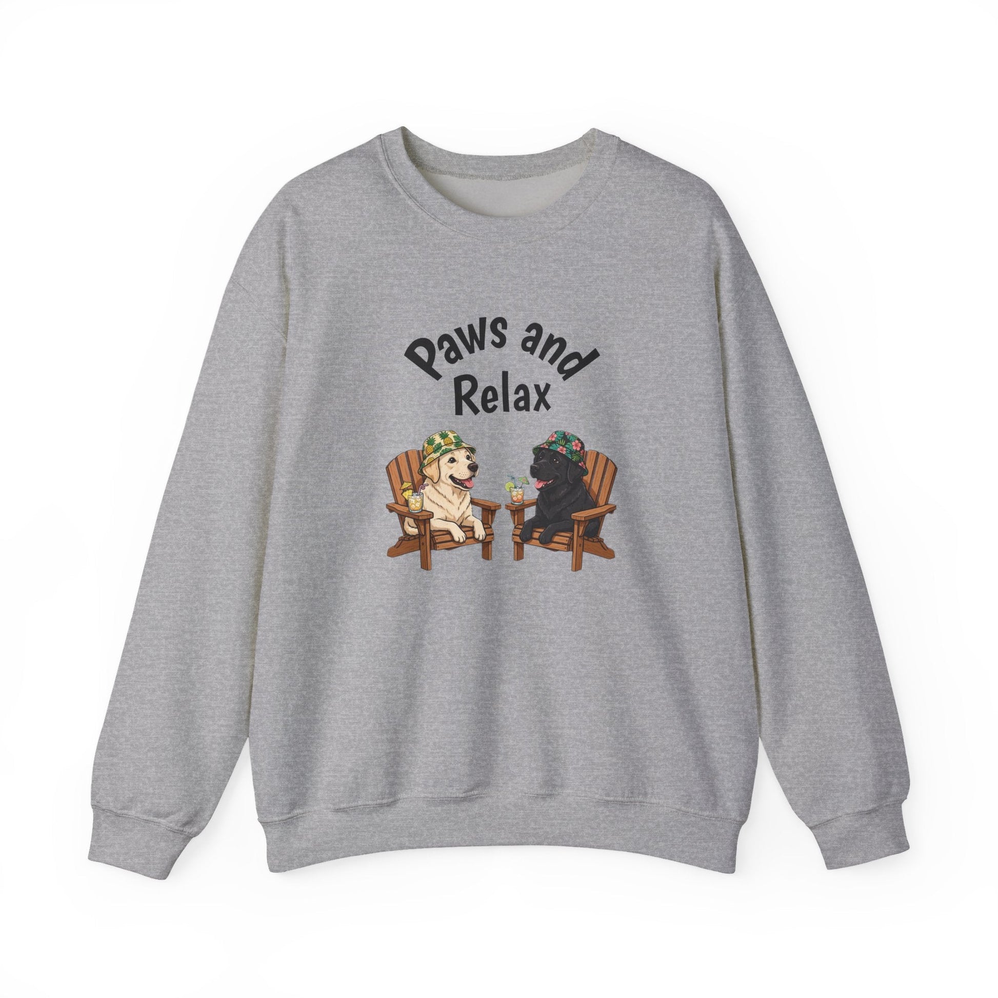 Paws and Relax dog sweatshirt with black and white dog illustration