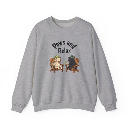 Paws and Relax dog sweatshirt with black and white dog illustration