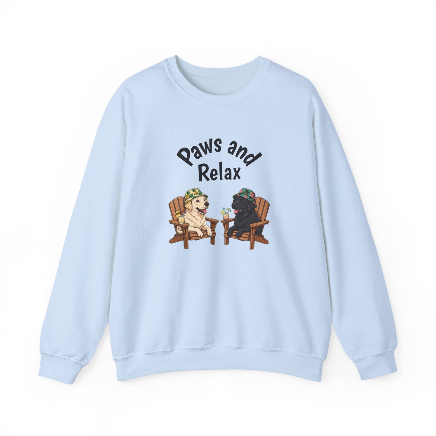 Black and white Paws and Relax dog sweatshirt with two dogs lounging illustration