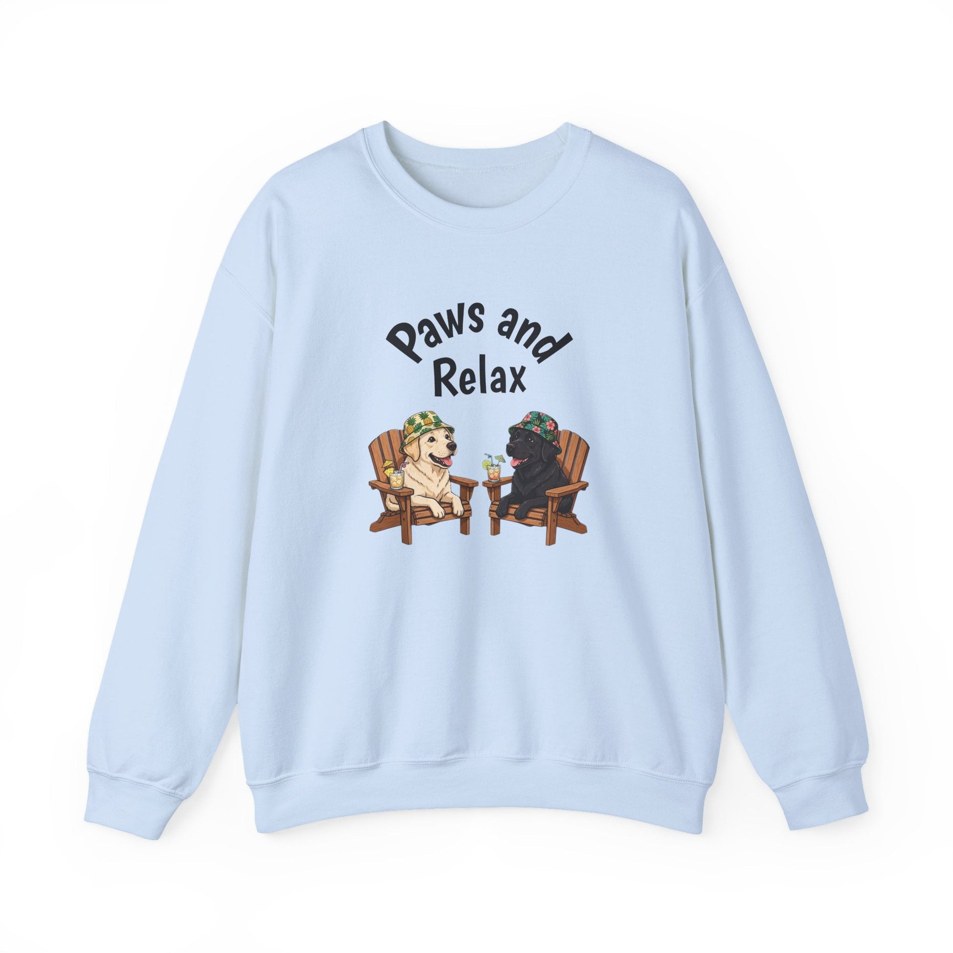 Black and white Paws and Relax dog sweatshirt with two dogs lounging illustration