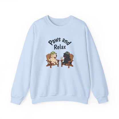 Black and white Paws and Relax dog sweatshirt with two dogs lounging illustration