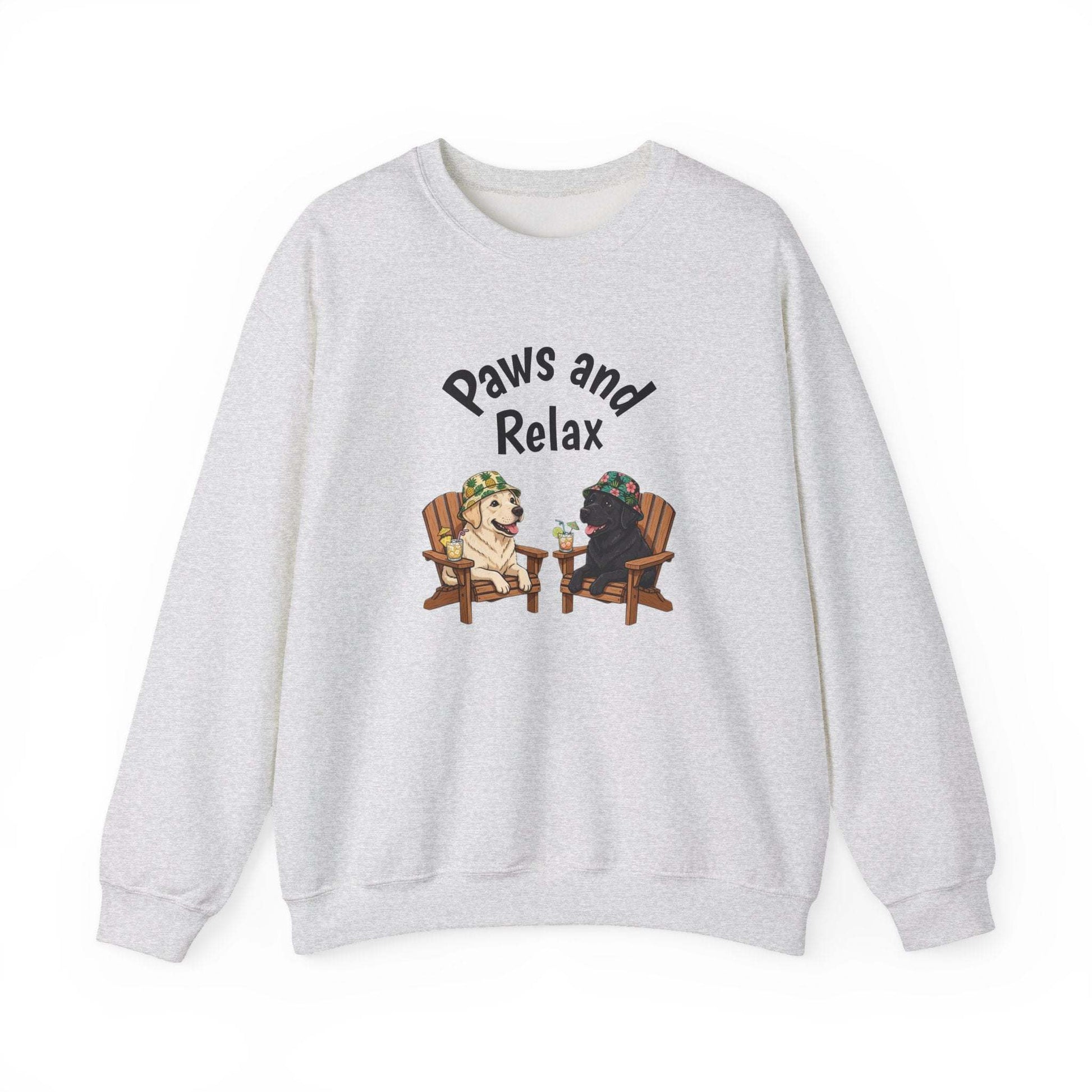 Paws and Relax unisex dog sweatshirt with black-and-white dog illustration