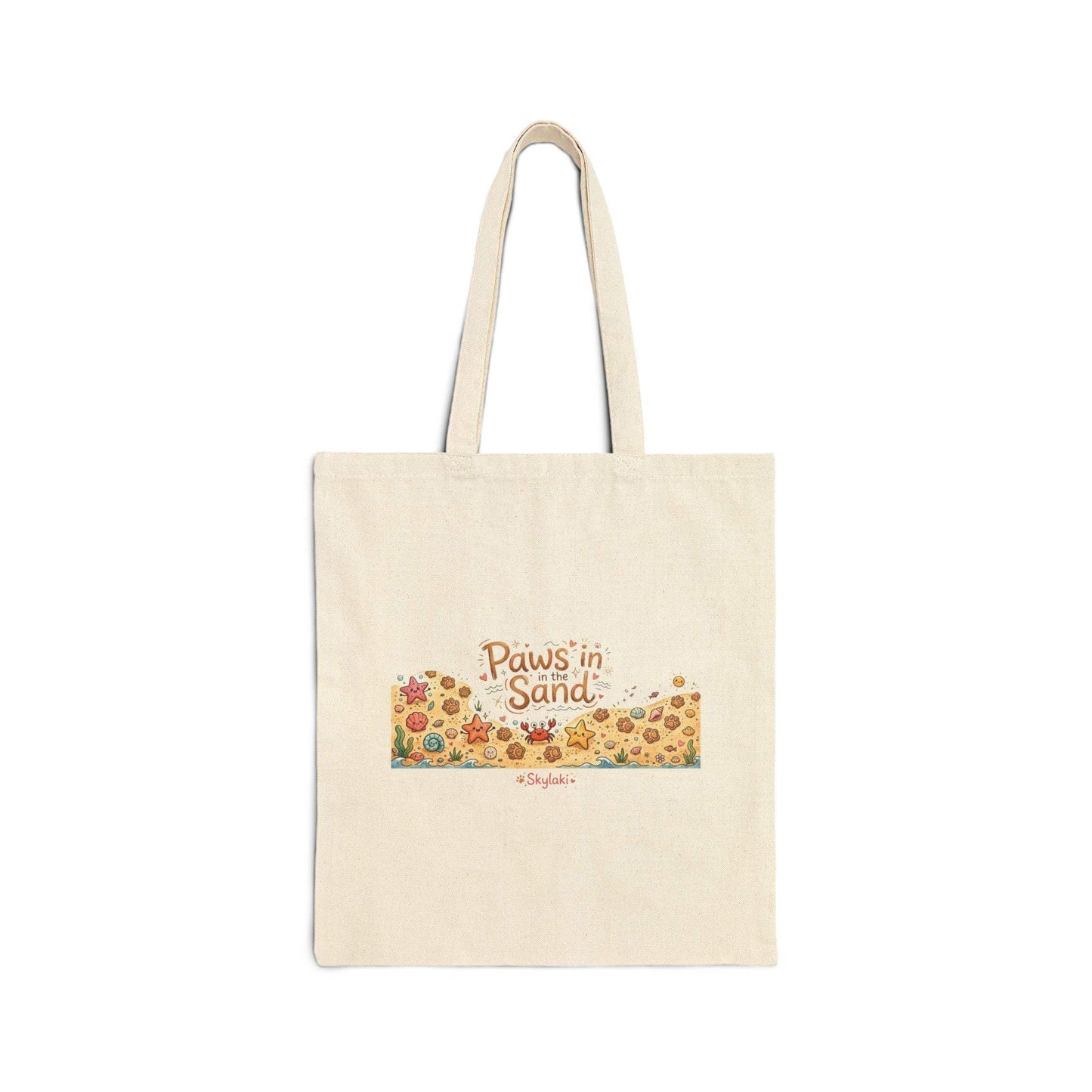 Paws In the Sand Dog beach Tote with paw prints and seashells on natural canvas