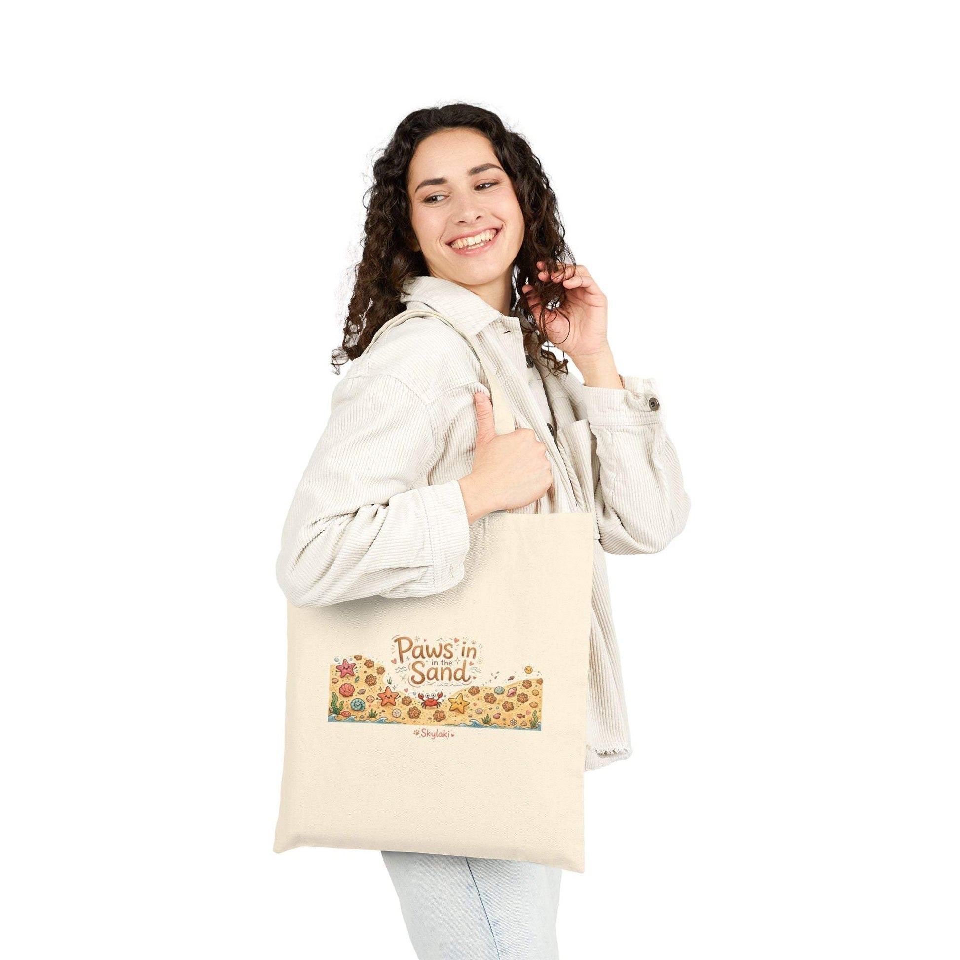 Paws In the Sand Dog beach Tote with paw prints and seashells